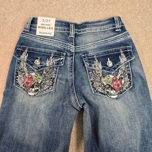 Telepatia Womens Mid Rise Wide Leg Jeans Skull Floral Rhinestone Size 5/27 NEW